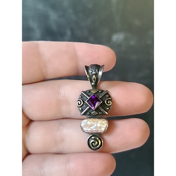 925 Sterling Silver Amethyst Pearl Pendant Vintage - Picture 2 of 10
